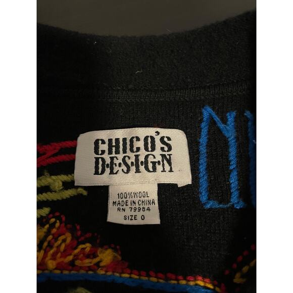 Chicos Design Sweater Womens 0 US Small Black Wool Button Up Aztec Embroidered - Picture 3 of 7